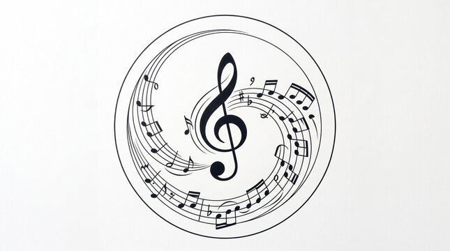 Elegant circular music emblem featuring a central treble clef surrounded by flowing musical staff lines and notes, creating a refined monochrome artistic composition.