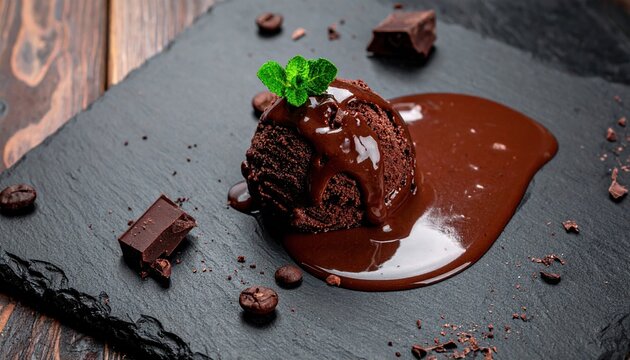Dark chocolate ice cream quenelle melting on slate plate, indulgent dessert concept