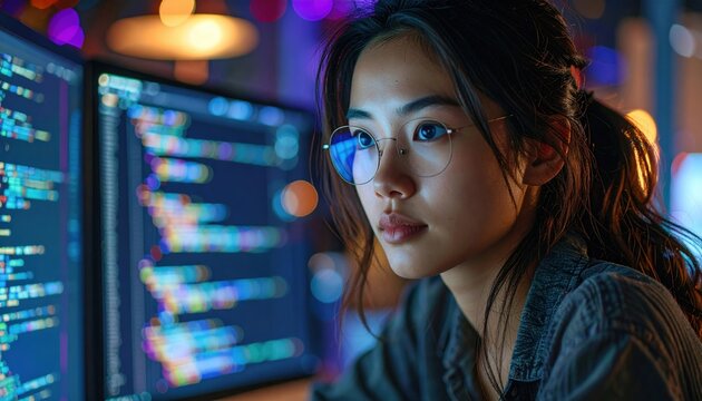 Focused young programmer coding at computer, monitor light on face, realistic technology workplace
