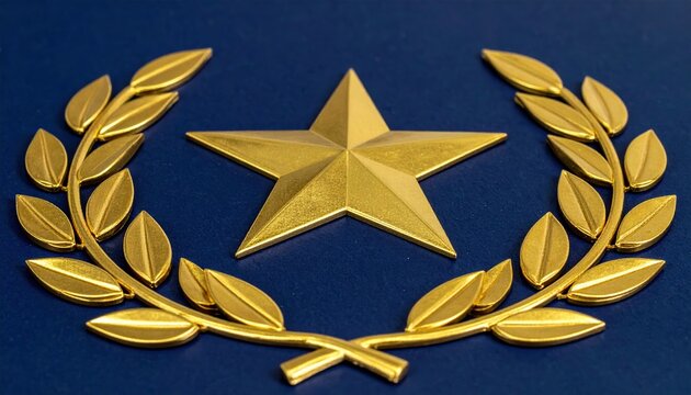 Golden star award on dark blue scroll with laurel wreath, excellence and victory