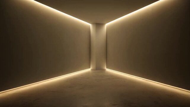 Minimalist empty room with warm ambient led strip lighting and concrete floor interior architecture