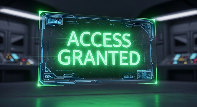 Access granted glowing on a futuristic holographic interface inside a spaceship.