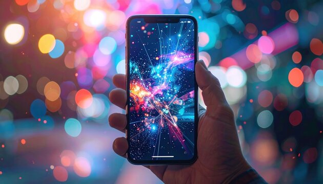 Hand holding modern smartphone displaying abstract graphic interface, connectivity and emerging technology concept
