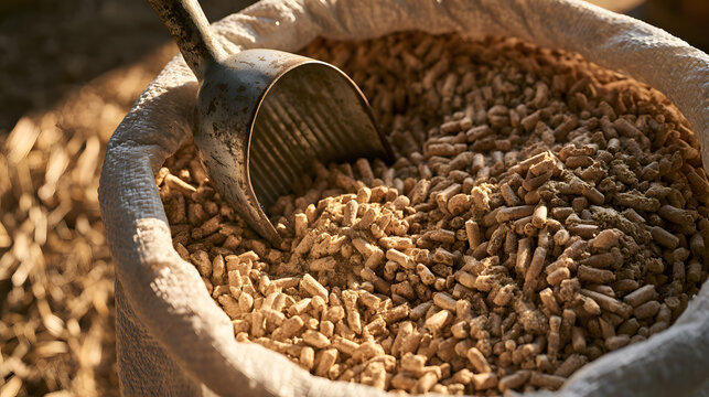 Livestock Feed Pellets with Metal Scoop on Farm