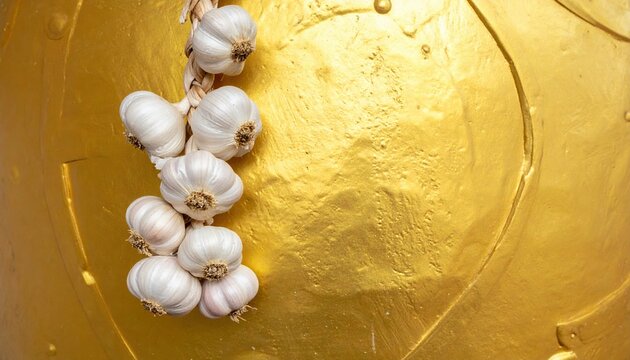 Garlic braid hanging from golden shield, natural immunity protection and wellness