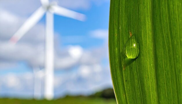 Water drop on green leaf beside wind turbine, clean energy and ecological sustainability