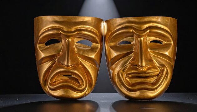 Golden theater masks for comedy and tragedy under spotlight on dramatic dark stage