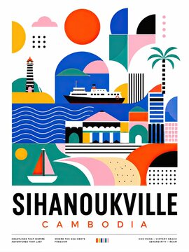 Colorful geometric travel poster celebrating Sihanoukville, Cambodia, with a lighthouse, ferry, palm tree, beach, waves, and bold typography.