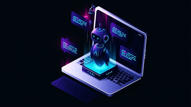 Artificial intelligence robot avatar floating above modern laptop screen displaying digital conversation bubbles in vibrant purple and bright neon blue colors