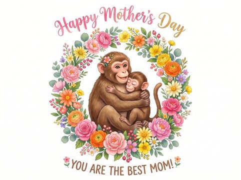 Mother monkey hugging baby inside a floral wreath for Mother's Day greeting card