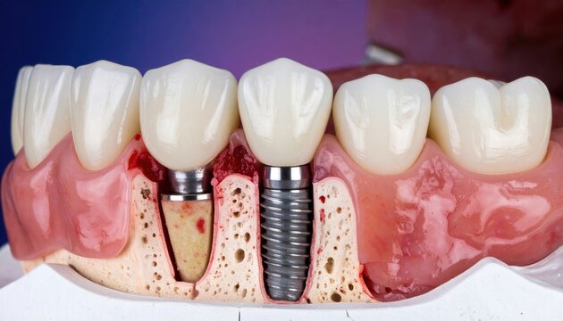 Dental implant integrating with jawbone tissue, osseointegration and healing process