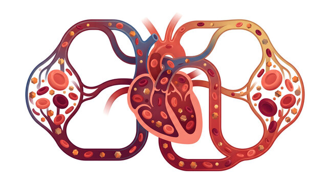 Human cardiovascular system diagram heart anatomy blood circulation showing vessels and red cells medical illustration