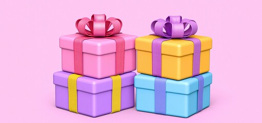 Naklejka premium Festive gift boxes adorned with ribbons set against a colorful backdrop for Singles Day shopping celebrations.