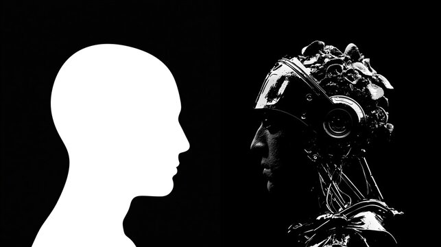 Human silhouette facing a complex mechanical cyborg head adorned with biological mushrooms against a stark and dramatic black background setting