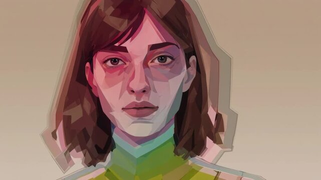 Stylized low poly portrait of a young woman with dynamic color shifting lighting effects