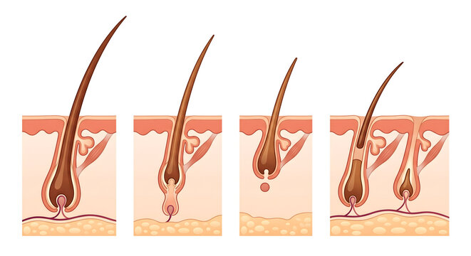 Hair growth cycle stages diagram showing anagen catagen telogen phases follicle anatomy skin cross section medical illustration