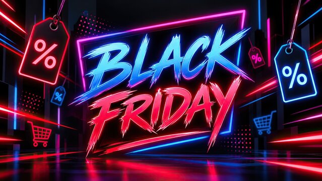 Neon Black Friday sale graphic with bold blue and red lettering, percentage tags, shopping carts, and glowing geometric light effects.