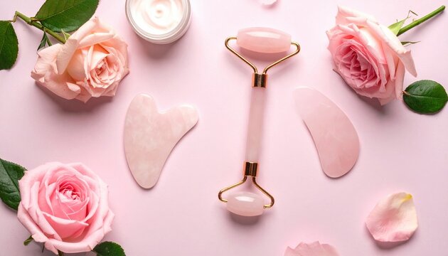 Rose quartz facial roller and gua sha tool with skincare products, luxury wellness routine
