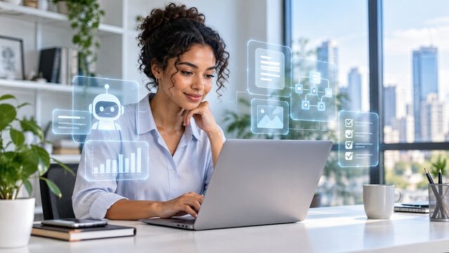 Businesswoman working on a laptop at a bright office desk with digital artificial intelligence interface graphics surrounding her.