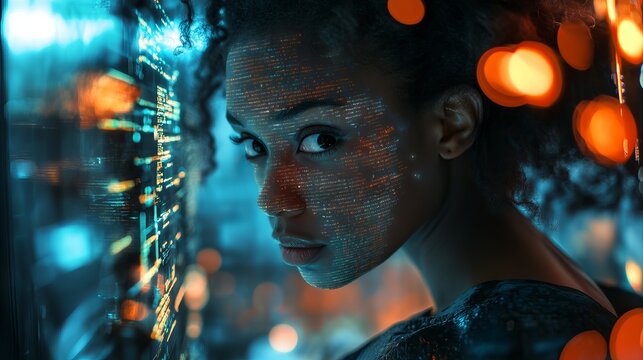 Intriguing portrait showcases a woman's face illuminated by vibrant bokeh lights, conveying mystery, drama, and artistic flair