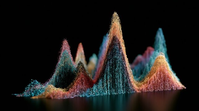 Digital data visualization featuring colorful glowing particles arranged into complex mountain peaks against a deep black void background for design