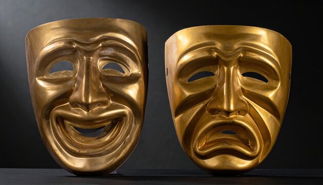 Golden theater masks for comedy and tragedy under spotlight on dramatic dark stage
