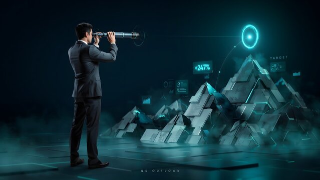 Professional businessman in dark suit uses vintage telescope to analyze digital growth charts representing future success within modern corporate landscape