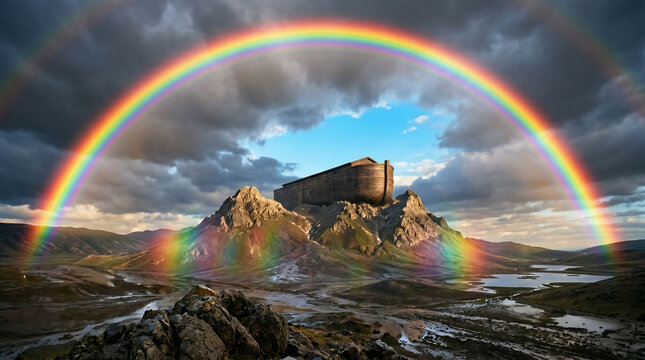 The Covenant of the Rainbow. A magnificent, brilliantly colored rainbow appearing over the Ark after the floodwaters recede.