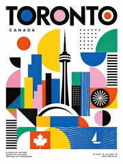 Obraz premium Colorful geometric Toronto, Canada poster featuring the CN Tower, city skyline, maple leaf, sailboat, and abstract urban shapes.