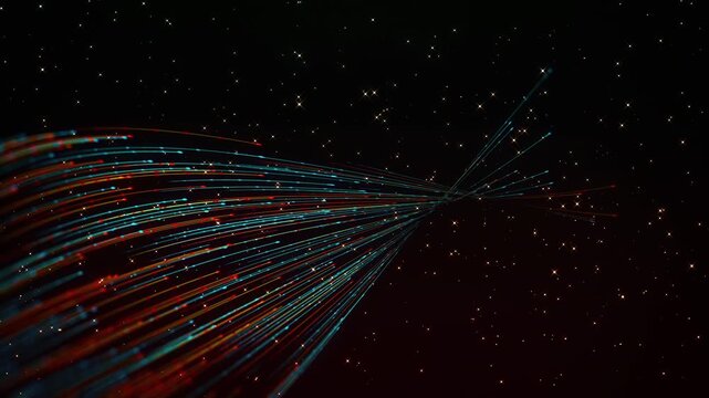 Animated motion loop showcasing blue and orange curved particle lines, dotted light trails, and a futuristic twisted field revealing across a dark starry space background.