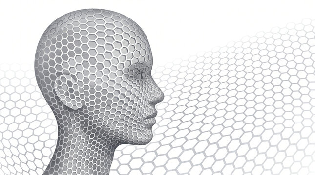 Futuristic human head with honeycomb pattern, digital cyborg profile in gray tones, artificial intelligence concept for technology and science