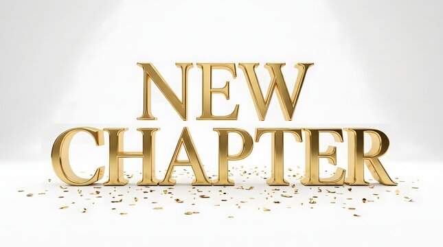 Golden metallic text reading new chapter on a bright white background with light effects