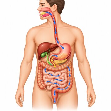 Human digestive system educational diagram with organs