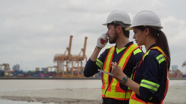 Port engineers pointing and working at container shipping terminal, Logistic managers with walkie talkie and tablet discussing cargo port operations, Industrial workers team inspecting shipping yard