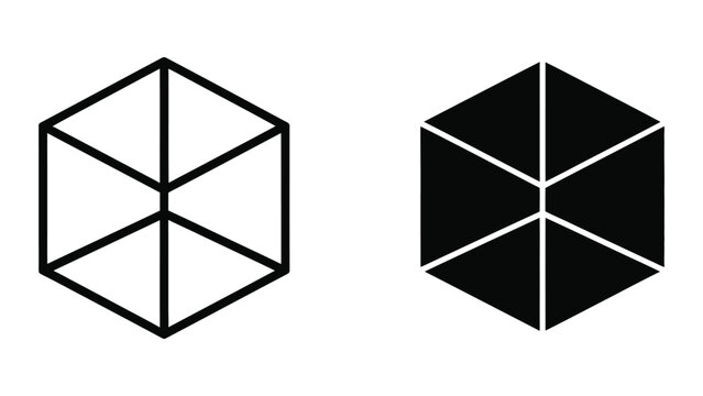 Hexagonal 3D cube geometric shape outline and solid icon set with geometric