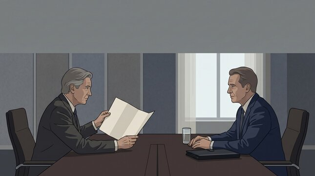 Corporate organizational realignment restructuring human resources board meeting illustration of executive directors discussing management hierarchy chart across dark wood boardroom conference table