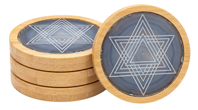 Star of David wooden coasters set, Jewish Hanukkah home decor, bamboo drink mats with geometric hexagram design on white background