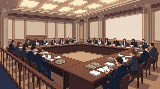 Annual general meeting proxy voting pre assembly governance board review illustration of corporate directors organizing paper proxy ballot cards across long conference table in grand executive office