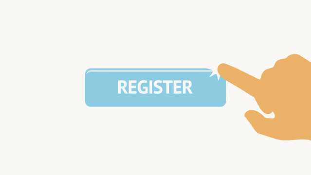 A light blue register button is being pressed by a human hand sign up enroll join activation interface digital flat