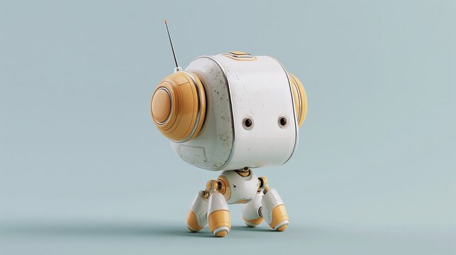Small cute white and yellow robot with an antenna stands peacefully isolated on a plain light blue studio background surface