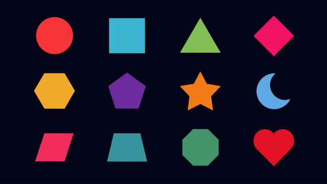 A collection of colorful geometric shapes is displayed against a dark background vector illustration polygon circle square triangle diamond
