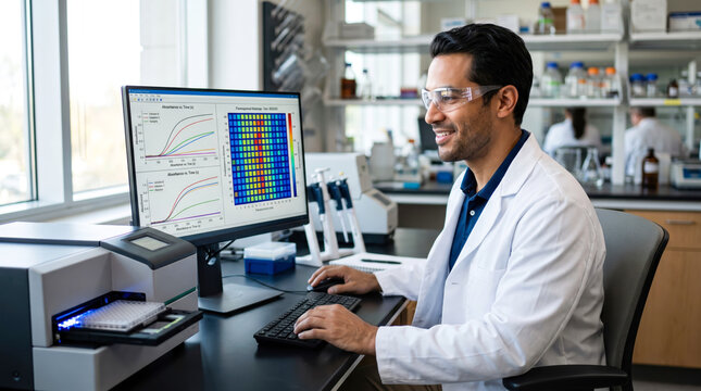 A scientist is seated at a desk in a lab, analyzing data on a computer. Graphs and charts are displayed on the screen, showing research results and trends