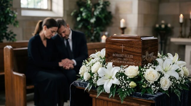 Grieving Couple Mourns Loss at Funeral Service with Casket and Flowers.