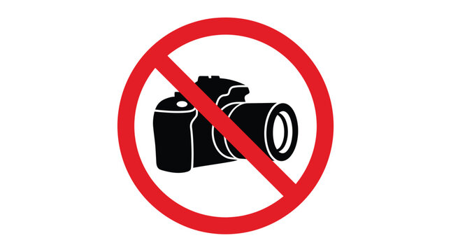 No photography allowed sign featuring a black camera silhouette inside a bright red circular vector illustration