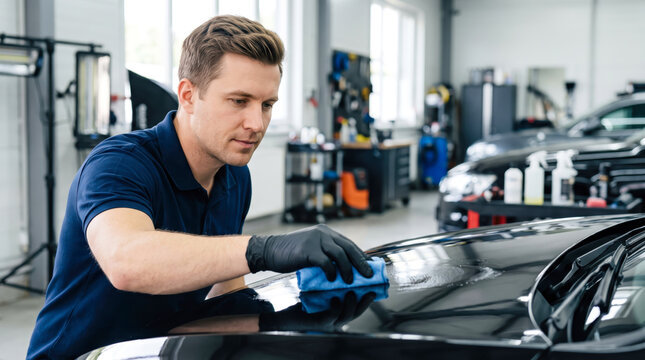 A man is using a blue cloth to clean the surface of a black car in an auto shop. Tools and other cars are visible in the background. It is daytime
