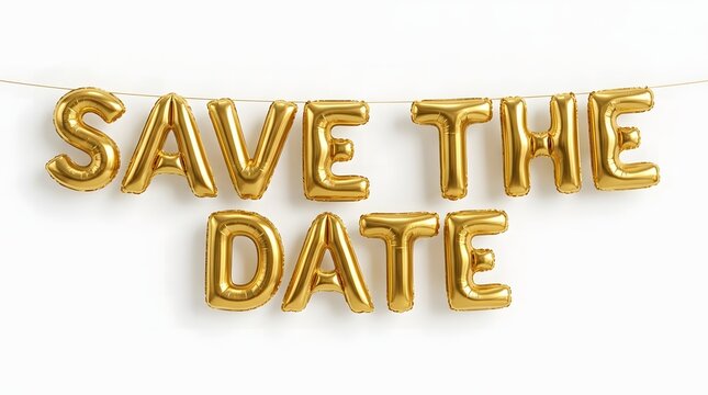 Golden foil balloons spelling save the date against a bright white background