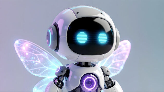 A cute small robot character with glowing blue eyes and iridescent fairy wings.