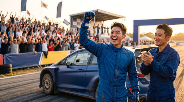 A race driver smiles and raises his fist in the air after winning a race, while a teammate claps beside him. A large crowd cheers in the background during the evening