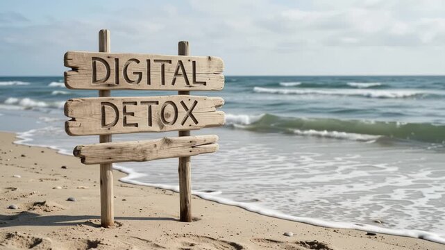 Wooden Digital Detox sign standing on a quiet beach beside the ocean, representing unplugging from technology, mindfulness, mental wellbeing, relaxation and healthy screen habits.