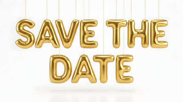 Golden foil balloon letters spelling save the date on a white background